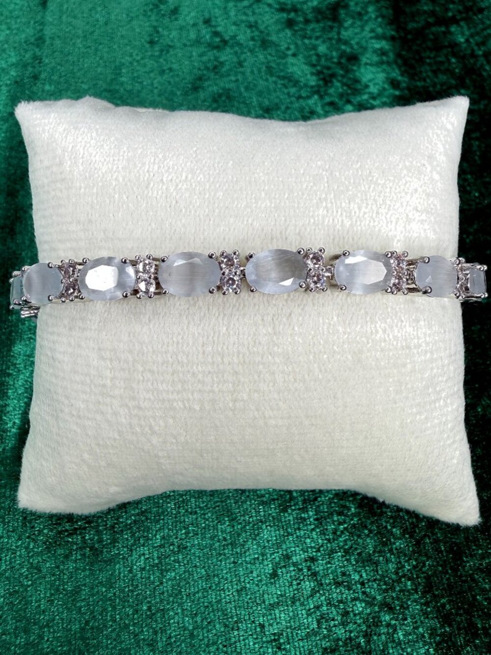 Simulated Moonstone Oval Tennis Bracelet 14K White Gold Plated 7-8"